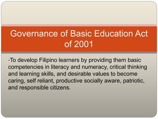 •To develop Filipino learners by providing them basic
competencies in literacy and numeracy, critical thinking
and learning skills, and desirable values to become
caring, self reliant, productive socially aware, patriotic,
and responsible citizens.
Governance of Basic Education Act
of 2001
 