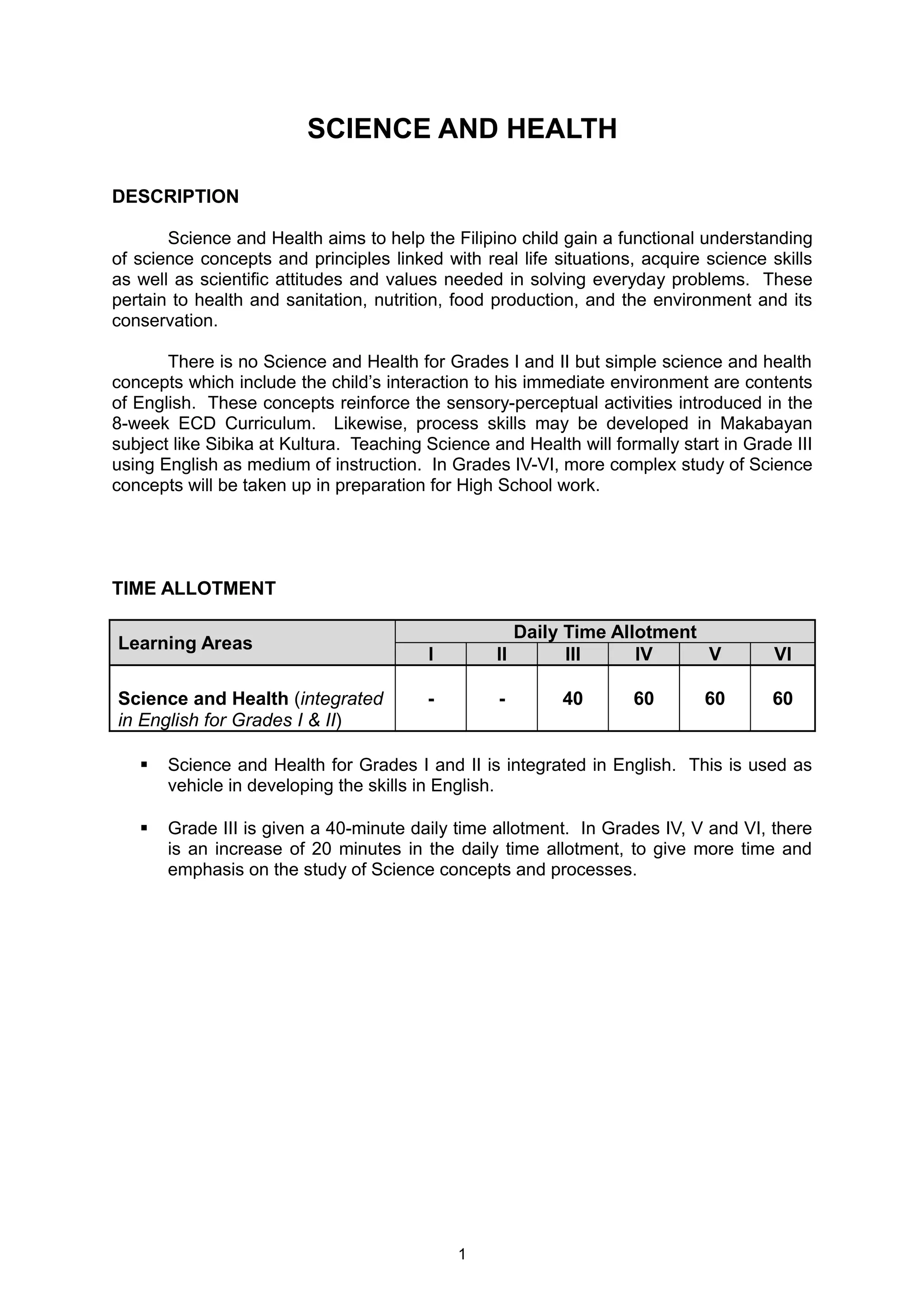 SCIENCE AND HEALTH
DESCRIPTION
Science and Health aims to help the Filipino child gain a functional understanding
of science concepts and principles linked with real life situations, acquire science skills
as well as scientific attitudes and values needed in solving everyday problems. These
pertain to health and sanitation, nutrition, food production, and the environment and its
conservation.
There is no Science and Health for Grades I and II but simple science and health
concepts which include the child’s interaction to his immediate environment are contents
of English. These concepts reinforce the sensory-perceptual activities introduced in the
8-week ECD Curriculum. Likewise, process skills may be developed in Makabayan
subject like Sibika at Kultura. Teaching Science and Health will formally start in Grade III
using English as medium of instruction. In Grades IV-VI, more complex study of Science
concepts will be taken up in preparation for High School work.
TIME ALLOTMENT
Learning Areas
Daily Time Allotment
I II III IV V VI
Science and Health (integrated
in English for Grades I & II)
- - 40 60 60 60
 Science and Health for Grades I and II is integrated in English. This is used as
vehicle in developing the skills in English.
 Grade III is given a 40-minute daily time allotment. In Grades IV, V and VI, there
is an increase of 20 minutes in the daily time allotment, to give more time and
emphasis on the study of Science concepts and processes.
1
 