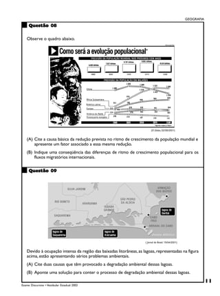 GEOGRAFIA

     Questão 08

    Observe o quadro abaixo.




                                                                          (O Globo, 02/08/2001)


    (A) Cite a causa básica da redução prevista no ritmo de crescimento da população mundial e
        apresente um fator associado a essa mesma redução.
    (B) Indique uma conseqüência das diferenças de ritmo de crescimento populacional para os
        fluxos migratórios internacionais.


     Questão 09




                                                                     ( Jornal do Brasil, 15/04/2001)


    Devido à ocupação intensa da região das baixadas litorâneas, as lagoas, representadas na figura
    acima, estão apresentando sérios problemas ambientais.
    (A) Cite duas causas que têm provocado a degradação ambiental dessas lagoas.
    (B) Aponte uma solução para conter o processo de degradação ambiental dessas lagoas.
                                                                                                                   11
Exame Discursivo • Vestibular Estadual 2002
 