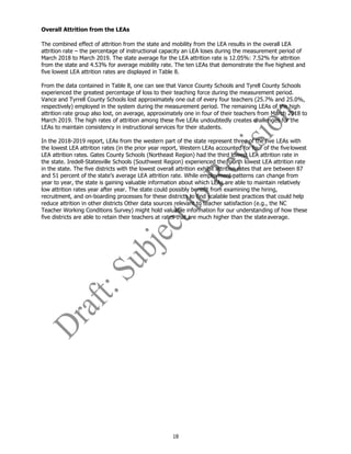 18
Overall Attrition from the LEAs
The combined effect of attrition from the state and mobility from the LEA results in the overall LEA
attrition rate – the percentage of instructional capacity an LEA loses during the measurement period of
March 2018 to March 2019. The state average for the LEA attrition rate is 12.05%: 7.52% for attrition
from the state and 4.53% for average mobility rate. The ten LEAs that demonstrate the five highest and
five lowest LEA attrition rates are displayed in Table 8.
From the data contained in Table 8, one can see that Vance County Schools and Tyrell County Schools
experienced the greatest percentage of loss to their teaching force during the measurement period.
Vance and Tyrrell County Schools lost approximately one out of every four teachers (25.7% and 25.0%,
respectively) employed in the system during the measurement period. The remaining LEAs of the high
attrition rate group also lost, on average, approximately one in four of their teachers from March 2018 to
March 2019. The high rates of attrition among these five LEAs undoubtedly creates challenges for the
LEAs to maintain consistency in instructional services for their students.
In the 2018-2019 report, LEAs from the western part of the state represent three of the five LEAs with
the lowest LEA attrition rates (in the prior year report, Western LEAs accounted for four of the five lowest
LEA attrition rates. Gates County Schools (Northeast Region) had the third lowest LEA attrition rate in
the state. Iredell-Statesville Schools (Southwest Region) experienced the fourth lowest LEA attrition rate
in the state. The five districts with the lowest overall attrition exhibit attrition rates that are between 87
and 51 percent of the state’s average LEA attrition rate. While employment patterns can change from
year to year, the state is gaining valuable information about which LEAs are able to maintain relatively
low attrition rates year after year. The state could possibly benefit from examining the hiring,
recruitment, and on-boarding processes for these districts to find scalable best practices that could help
reduce attrition in other districts Other data sources relevant to teacher satisfaction (e.g., the NC
Teacher Working Conditions Survey) might hold valuable information for our understanding of how these
five districts are able to retain their teachers at rates that are much higher than the stateaverage.
 