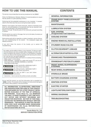HOW TO USE THIS MANUAL
This serv ice manual descr ibes the service procedures for the CB900F.
Follow t he Maintenance Sched ule (Sect ion 3) reco mme ndations to ensure
that th e vehicle is in peak ope rating condition.
Perform ing the first scheduled maintenance is very important. It compen-
sates fo r the initial wear that occurs during the break-in period.
Sections 1 and 3 apply to the who le motorcycle . Section 2 illustrates proce-
dures for removal/installat ion of components that ma y be requi red to per-
form service descr ibed in the following sections.
Sections 4 through 19 describe parts of th e motorcycle, grouped according
to location.
Find the section you want on this page. then turn to the table of cont ents on
the first page of that section.
Most sections start w ith an assembly or syst em ill ustration, service informa-
tion and troubles hooting for the section. The sub sequent pages give
detailed proc edure.
If you don't kno w the source of the trouble, go to sect ion 22,
Troub leshooting .
Your safety, and the safety of others, is very important. To help you make
informed decisions we have prov ided safety messages and other infor-
mation throughout th is manual. Of course, it is not practical or poss ible
to warn you about all the hazard s assoc iated with servic ing th is vehicle.
You must use your own good judgement.
You will find important safety information in a variety of fo rms including:
• Safety Labels - on the vehicle
• Safety Messages - prece ded by a safety alert symbol &. and one of
thr ee signal words, DANGER, WARNING, or CAUTION.
These signal words mean:
~ You WILL be KILLED or SERIOUSLY HURT if
~ you don't fo llo w instructions.
~ You CAN be KILLED or SERIOUSLY HURT if
~ you don't follow instructi ons.
~ : ou C~N be HURT if you don't follow
~ Instructions.
• Instructions - how to service th is veh icle correctly and safely.
As you read th is manual, you will find information that is preceded by a
~
~J symbol. The purpose of th is message is to help prevent dama ge to
your vehicle, other property, or the environment.
ALL INFORMATION, ILLUSTRATIONS, DIRECTIONS
AND SPECIFICATIONS INCLUDED IN THIS PUBLICA-
TION ARE BASED ON THE LATEST PRODUCT INFOR-
MATION AVAILABLE AT THE TIME OF APPROVAL
FOR PRINTING. Honda Motor Co., Ltd. RESERVES
THE RIGHT TO MAKE CHANGES AT ANY TIME WITH-
OUT NOTICE AND WITHOUT INCURRING AN Y
OBLIGATION WHATEVER. NO PART OF THIS PUBLI-
CATION MAY BE REPRODUCED WITHOUT WRITTEN
PERMISSION. THIS MAN UA L IS WRITTEN FOR PER-
SONS WHO HAVE ACQUIRED BASIC KNOWLEDGE
OF MAINTENAN CE ON Honda M OTORCYCLES,
MOTOR SCOOTERS OR ATVS.
Honda Moto r Co" Ltd,
SERVICE PUBLICATION OFFICE
Date of Issue: Decem ber 2001
© Honda Motor Co., Ltd.
 