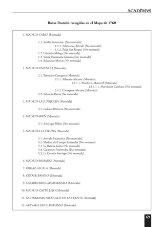 69
1. MADRID-CÁDIZ [Montada]
1.1. Sevilla-Benavente. [No montada]
1.1.1. Salamanca-Arévalo [No montada]
1.1.2. Écija-San Roque [No montada]
1.2. Córdoba-Málaga [No montada]
1.3. Venta Valenzuela-Granada [No montada]
1.4. Bujalance-Murcia [No montada]
2. MADRID-VALENCIA [Montada]
2.1. Tarancón-Cartagena [Montada]
2.1.1. Albacete-Alicante [Montada]
2.1.1.1. Monforte-Martorell [Montada]
2.1.1.1.1. Murviedro-Canfranc [No montada]
2.1.2. Cartagena-Alicante [Montada]
2.2. Valencia-Denia [No montada]
3. MADRID-LA JUNQUERA [Montada]
3.1. Lodares-Berrueta [No montada]
4. MADRID-IRÚN [Montada]
4.1. Amiyugo-Bilbao [No montada]
5. MADRID-LA CORUÑA [Montada]
5.1. Arévalo-Salamanca [No montada]
5.2. Medina del Campo-Santander [No montada]
5.3. La Bañeza-Gijón [No montada]
5.4. Cacavelos-Pontevedra [No montada]
5.5. La Coruña-Santiago [No montada]
6. MADRID-BADAJOZ [Montada]
7. ORGAZ-ALCALÁ [Montada]
8. GETAFE-BAYONA [Montada]
9. CASARRUBIOS-GUADARRAMA [Montada]
10. MADRID-CASTILLEJO [Montada]
11. GUDARRAMA-FRESNILLO DE LA FUENTE [Montada]
12. ARÉVALO-SAN ILDEFONSO [Montada]
Rutas Postales recogidas en el Mapa de 1760
 