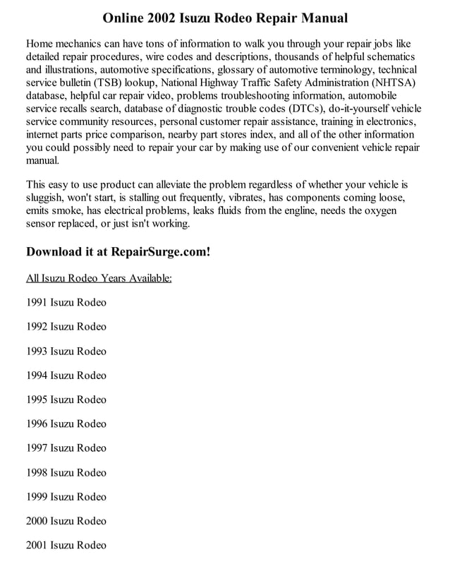 2000 ISUZU RODEO HAYNES REPAIR MANUAL FREE visual data 2
