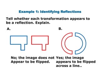 Example 1: Identifying Reflections 
Tell whether each transformation appears to 
be a reflection. Explain. 
A. B. 
No; the image does not 
Appear to be flipped. 
Yes; the image 
appears to be flipped 
across a line.. 
 