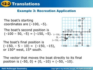 12-2 Translations 
Example 3: Recreation Application 
The boat’s starting 
coordinates are (–100, –5). 
The boat’s second position is 
(–100 – 50, –5) = (–150, –5). 
The boat’s final position is 
(–150, – 5 – 10) = (–150, –15), 
or 150° west, 15° south. 
The vector that moves the boat directly to its final 
position is (–50, 0) + (0, –10) = (–50, –10). 
Holt McDougal Geometry 
 