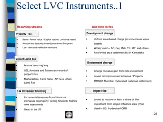 Select LVC Instruments..1
26
Property Tax
◼ Basis: Rental Value / Capital Value / Unit-Area based
◼ Annual levy typically revised once every five years
◼ Low rates and ineffective revisions
Vacant Land Tax
▪ Annual recurring levy
▪ US, Australia and Taiwan as variant of
property tax
▪ Maharashtra, Tamil Nadu, AP have Urban
Land Tax
Tax Increment financing
▪ Incremental revenues from future tax
increases on property, is ring-fenced to finance
new investments
▪ Used in the US
Recurring streams One-time levies
Development charge
Betterment charge
Impact fee
▪ Charge on value gain from infra investment
▪ Levied on improvement schemes / Projects
▪ MMRDA Mumbai, Hyderabad (external betterment)
▪ Upfront area-based charge (in some cases value
based)
▪ Widely used – AP, Guj, Mah, TN, MP and others
▪ Also levied as a betterment tax in Karnataka
▪ Levied to recover at least a share of the
investment from project influence area (PIA)
▪ Used in US; Hyderabad ORR
 