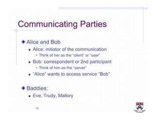 15
Communicating Parties
!  Alice and Bob
  Alice: initiator of the communication
  Think of her as the “client” or “user”
  Bob: correspondent or 2nd participant
  Think of him as the “server”
  “Alice” wants to access service “Bob”
!  Baddies:
  Eve, Trudy, Mallory
 