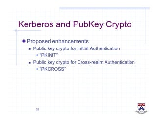 52
Kerberos and PubKey Crypto
!  Proposed enhancements
  Public key crypto for Initial Authentication
 “PKINIT”
  Public key crypto for Cross-realm Authentication
 “PKCROSS”
 