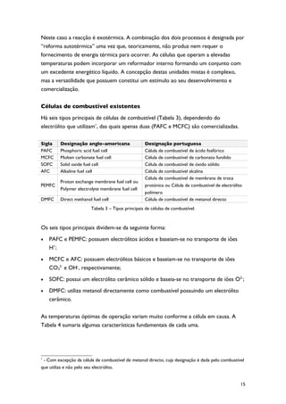 Neste caso a reacção é exotérmica. A combinação dos dois processos é designada por
“reforma autotérmica” uma vez que, teoricamente, não produz nem requer o
fornecimento de energia térmica para ocorrer. As células que operam a elevadas
temperaturas podem incorporar um reformador interno formando um conjunto com
um excedente energético líquido. A concepção destas unidades mistas é complexo,
mas a versatilidade que possuem constitui um estímulo ao seu desenvolvimento e
comercialização.

Células de combustível existentes

Há seis tipos principais de células de combustível (Tabela 3), dependendo do
electrólito que utilizam1, das quais apenas duas (PAFC e MCFC) são comercializadas.

Sigla    Designação anglo-americana                Designação portuguesa
PAFC     Phosphoric acid fuel cell                 Célula de combustível de ácido fosfórico
MCFC     Molten carbonate fuel cell                Célula de combustível de carbonato fundido
SOFC     Solid oxide fuel cell                     Célula de combustível de óxido sólido
AFC      Alkaline fuel cell                        Célula de combustível alcalina
                                                   Célula de combustível de membrana de troca
         Proton exchange membrane fuel cell ou
PEMFC                                              protónica ou Célula de combustível de electrólito
         Polymer electrolyte membrane fuel cell
                                                   polímero
DMFC     Direct methanol fuel cell                 Célula de combustível de metanol directo
                        Tabela 3 – Tipos principais de células de combustível.



Os seis tipos principais dividem-se da seguinte forma:
•   PAFC e PEMFC: possuem electrólitos ácidos e baseiam-se no transporte de iões
    H+;
•   MCFC e AFC: possuem electrólitos básicos e baseiam-se no transporte de iões
    CO32- e OH-, respectivamente;
•   SOFC: possui um electrólito cerâmico sólido e baseia-se no transporte de iões O2-;
•   DMFC: utiliza metanol directamente como combustível possuindo um electrólito
    cerâmico.

As temperaturas óptimas de operação variam muito conforme a célula em causa. A
Tabela 4 sumaria algumas características fundamentais de cada uma.




1
 - Com excepção da célula de combustível de metanol directo, cuja designação é dada pelo combustível
que utiliza e não pelo seu electrólito.


                                                                                                   15
 