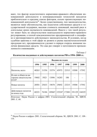 вают, что фактор недостаточного нормативно-правового обеспечения ин-
новационной деятельности и коммерциализации технологий находится
приблизительно в середине списка факторов, сильно препятствующих ин-
новационной деятельности56. Более существенными, чем законодательство,
являются такие обстоятельства, как недостаток собственных средств и го-
сударственной поддержки, высокая стоимость инноваций, высокий риск и
длительные сроки окупаемости нововведений. Вместе с тем такой резуль-
тат может быть не свидетельством неактуальности нормативно-правового
регулирования, а плохой осведомленностью предпринимателей о специфи-
ке и противоречивости действующего законодательства. В условиях, когда
судебная практика в этой сфере не развита и рынка высокотехнологичной
продукции нет, предприниматели уделяют в первую очередь внимание на-
личию финансовых средств. Это еще раз говорит о неготовности промыш-
ленности к инновациям.
                                                          Таблица 1
     Количество выданных и действующих патентов РФ в 1994–2000 гг.

                                          Выдано по годам

                        1994    1995    1996    1997    1998    1999    2000

Патентов, всего         40263   31556   33574   45975   23315   19508   17592

Из них в обмен на ав-
торские свидетельства   19682   5923    13896   16283    100     –       –
СССР

Новые патенты           20581   25633   19678   29692   23215   19508   17592

Действовало патентов
                        60321   76186 109467 155247 173081 191129 144325
на конец года
Источник: Наука России в цифрах–2001. Статистический сборник. М., ЦИСН.
2001. С. 68.




56
  Наука России в цифрах–2001. Статистический сборник. М., ЦИСН. 2001. С. 108–
116.
 