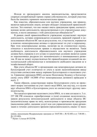Исходя из предыдущего анализа законодательства, представляется
спорным употребляемый термин «право собственности», который уместнее
было бы заменить термином «исключительное право».
    Как известно, образовательное или научное учреждение, как правило,
является юридическим лицом, которое обладает специальной правоспособ-
ностью. Это означает, что оно «может иметь гражданские права, соответст-
вующие целям деятельности, предусмотренным в его учредительных доку-
ментах, и нести связанные с этой деятельностью обязанности»84.
    В рамках своей правоспособности учреждение осуществляет научную
деятельность, которая сопровождается созданием, правовой охраной и ис-
пользованием объектов ИС как ее результатов, что, в частности, отражается
в понятии «нематериальные активы» и предполагает их учет и переоценку.
При этом нематериальные активы, несмотря на их стоимостную оценку,
относятся к исключительным правам и имуществом не являются. Такая
особенность деятельности образовательного или научного учреждения
должна быть отражена в его уставе и в рыночных условиях является одним
из перспективных ресурсов его экономического и инновационного разви-
тия. И она не может осуществляться без правообладания созданной им ин-
теллектуальной собственностью и возможности свободного введения ее в
хозяйственный оборот.
    При учете объектов ИС в организациях как нематериальных активов их
бухгалтерский учет отличается от учета в целях налогообложения ввиду
отсутствия соответствия между нормами бухгалтерского и налогового уче-
та. Сравнение признаков НМА согласно Налоговому Кодексу и бухгалтер-
скому учету (ПБУ 14/2000 «Учет нематериальных активов») приведено в
табл. 5.
    Таким образом, существующие нормы бухгалтерского учета не прояс-
няют вопрос постановки на учет такого вида НМА, как ноу-хау, и в целом
круг объектов НМА в бухгалтерском учете не соответствует другому зако-
нодательству.
    Что касается практики налогового учета НМА, то к ним согласно п. 3 ст.
257 НК РФ относятся «приобретенные и (или) созданные налогоплатель-
щиком результаты интеллектуальной деятельности и иные объекты ИС
(исключительные права на них), используемые в производстве продукции
(выполнении работ, оказании услуг) или для управленческих нужд органи-
зации в течение длительного времени (продолжительность свыше 12 меся-


ниями, внесенными Федеральными законами от 10.07.00 г. № 92-ФЗ и от 7.08.00 г.
№ 122-ФЗ).
84
   Пункт 1 статьи 49 ГК РФ.
 