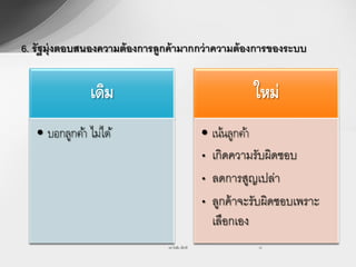6. รั ฐมุ่งตอบสนองความต้ องการลูกค้ ามากกว่ าความต้ องการของระบบ


               เดิม                                            ใหม่
   • บอกลูกค้า ไม่ได้                               • เน้นลูกค้า
                                                    • เกิดความรับผิดชอบ
                                                    • ลดการสูญเปล่า
                                                    • ลูกค้ าจะรับผิดชอบเพราะ
                                                      เลือกเอง
                                 รศ.วันชัย มีชาติ               13
 