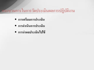 กระบวนการใȨารวัึϸระ๶มิȨลการปฏิบติงาน
                                 ั
      • การเตรียมการประเมิน
      • การดาเȨȨารประเมิน
      • การนาผลประเมินไปใช้
 