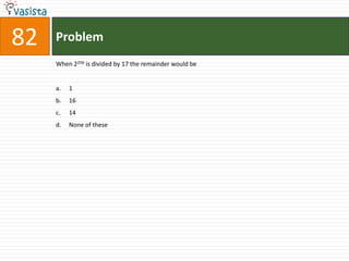 82   Problem
     When 2256 is divided by 17 the remainder would be


     a.   1
     b.   16
     c.   14
     d.   None of these
 