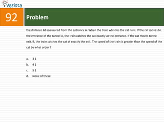 92   Problem
     the distance AB measured from the entrance A. When the train whistles the cat runs. If the cat moves to
     the entrance of the tunnel A, the train catches the cat exactly at the entrance. If the cat moves to the
     exit. B, the train catches the cat at exactly the exit. The speed of the train is greater than the speed of the
     cat by what order ?


     a.   31
     b.   41
     c.   51
     d.   None of these
 