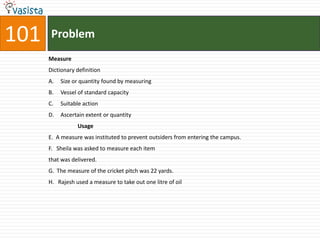 101    Problem
      Measure
      Dictionary definition
      A.   Size or quantity found by measuring
      B.   Vessel of standard capacity
      C.   Suitable action
      D.   Ascertain extent or quantity
                 Usage
      E. A measure was instituted to prevent outsiders from entering the campus.
      F. Sheila was asked to measure each item
      that was delivered.
      G. The measure of the cricket pitch was 22 yards.
      H. Rajesh used a measure to take out one litre of oil
 