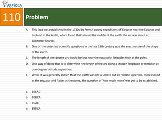 110   Problem
      A.   This fact was established in the 1730s by French survey expeditions of Equator near the Equator and
           Lapland in the Arctic, which found that around the middle of the earth the arc was about a
           kilometer shorter.
      B.   One of the unsettled scientific questions in the late 18th century was the exact nature of the shape
           of the earth.
      C.   The length of one-degree arc would be less near the equatorial latitudes than at the poles.
      D.   One way of doing that is to determine the length of the arc along a chosen longitude or meridian at
           one-degree latitude separation.
      E.   While it was generally known th at the earth was not a sphere but an 'oblate spheroid', more curved
           at the equator and flatter at the poles, the question of 'how much more' was yet to be established.


      a.   BECAD
      b.   BEDCA
      c.   EDAC
      d.   EBDCA
 