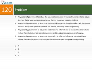 120   Problem
      A.   Any action of government to reduce the systemic risk inherent in financial markets will also reduce
           the risks that private operators perceive and thereby encourage excessive hedging.
      B.   Any action by government to reduce the systemic risk inherent in financial markets will also reduce
           the risks that private operators perceive and thereby encourage excessive gambling.
      C.   Any action by government to reduce the systematic risk inherent due to financial markets will also
           reduce the risks that private operators perceive and thereby encourage excessive hedging.
      D.   Any action by government to reduce the systematic risk inherent in financial markets will also
           reduce the risks that private operators perceive and thereby encourage excessive gambling.


      a.   A
      b.   B
      c.   C
      d.   D
 