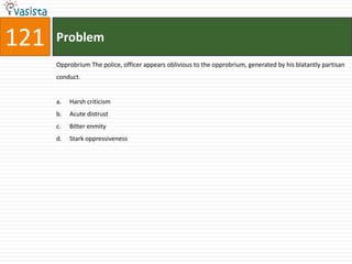 121   Problem
      Opprobrium The police, officer appears oblivious to the opprobrium, generated by his blatantly partisan
      conduct.


      a.   Harsh criticism
      b.   Acute distrust
      c.   Bitter enmity
      d.   Stark oppressiveness
 
