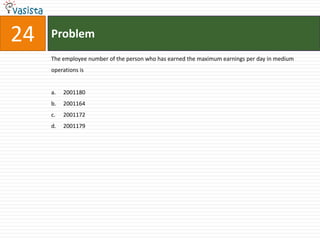 24   Problem
     The employee number of the person who has earned the maximum earnings per day in medium
     operations is


     a.   2001180
     b.   2001164
     c.   2001172
     d.   2001179
 