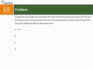 55   Problem
     3 small pumps and a large pump are filling a tank. Each of the three small pumps works at 2/3rd the rate
     of the large pump. If all 4 pumps work at the same time, they should fill the tank in what fraction of the
     time that it would have taken the large pump alone ?


     a. ****


     b.


     c.


     d.
 