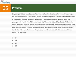 65   Problem
     Only a single rail track exists between A and B on a railway line. One hour after the north bound super
     fast train N leaves station A for Station B, a south bound passenger train S reaches station A from station
     B. The speed of the super fast train is twice that of a normal express train E, while the speed of a
     passenger train S is half that of E. On a particular day N leaves for station B from Station A, 20 minutes
     behind the normal schedule. In order to maintain the schedule both N and S increased their speed. If the
     super fast train doubles its speed, what should be the ratio (approximately) of the speed of passenger
     train to that of the super fast train so that passenger train S reaches exactly at the scheduled time at
     station A on that day ?


     a.   13
     b.   14
     c.   15
     d.   16
 