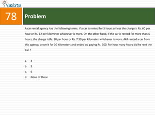 78   Problem
     A car rental agency has the following terms. If a car is rented for 5 hours or less the charge is Rs. 60 per
     hour or Rs. 12 per kilometer whichever is more. On the other hand, if the car is rented for more than 5
     hours, the charge is Rs. 50 per hour or Rs. 7.50 per kilometer whichever is more. Akil rented a car from
     this agency, drove it for 30 kilometers and ended up paying Rs. 300. For how many hours did he rent the
     Car ?


     a.   4
     b.   5
     c.   6
     d.   None of these
 