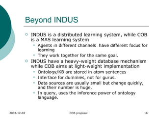 Beyond INDUS INDUS is a distributed learning system, while COB is a MAS learning system Agents in different channels  have different focus for learning  They work together for the same goal. INDUS have a heavy-weight database mechanism while COB aims at light-weight implementation Ontology/KB are stored in atom sentences Interface for dummies, not for gurus. Data sources are usually small but change quickly, and their number is huge. In query, uses the inference power of ontology language.  