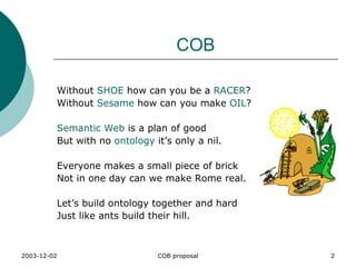COB Without  SHOE  how can you be a  RACER ? Without  Sesame  how can you make  OIL ? Semantic Web  is a plan of good But with no  ontology  it’s only a nil. Everyone makes a small piece of brick  Not in one day can we make Rome real. Let’s build ontology together and hard Just like ants build their hill.  