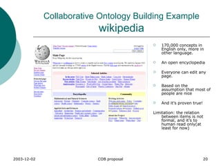 Collaborative Ontology Building Example  wikipedia 170,000 concepts in English only, more in other language. An open encyclopedia Everyone can edit any page. Based on the assumption that most of people are nice And it’s proven true! Limitation: the relation between items is not formal, and it’s to human read only(at least for now) 
