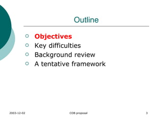 Outline Objectives Key difficulties Background review A tentative framework 