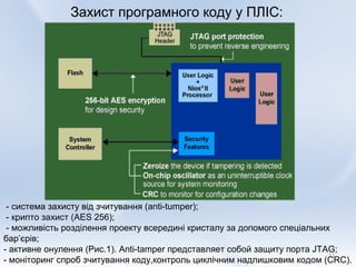 Захист програмного коду у ПЛІС:




 - система захисту від зчитування (anti-tumper);
 - крипто захист (AES 256);
 - можливість розділення проекту всередині кристалу за допомого спеціальних
бар’єрів;
- активне онулення (Рис.1). Anti-tamper представляет собой защиту порта JTAG;
                                                                           11
- моніторинг спроб зчитування коду,контроль циклічним надлишковим кодом (CRC).
 
