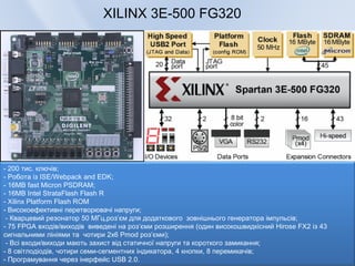 XILINX 3E-500 FG320




- 200 тис. ключів;
- Робота із ISE/Webpack and EDK;
- 16MB fast Micron PSDRAM;
- 16MB Intel StrataFlash Flash R
- Xilinx Platform Flash ROM
- Високоефективні перетворювачі напруги;
 - Кварцевий резонатор 50 МГц,роз’єм для додаткового зовнішнього генератора імпульсів;
- 75 FPGA входів/виходів виведені на роз’єми розширення (один високошвидкісний Hirose FX2 із 43
сигнальними лініями та чотири 2x6 Pmod роз’єми);
 - Всі входи/виходи мають захист від статичної напруги та короткого замикання;
- 8 світлодіодів, чотири семи-сегментних індикатора, 4 кнопки, 8 перемикачів;                 6/13
- Програмування через інерфейс USB 2.0.
 