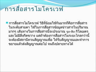 การสือ สารไมโครเวฟ
     ่

การสื่อสารไมโครเวฟ วิธที่นิยมใช้กนมากก็คือการสื่อสาร
                       ี          ั
 ในระดับสายตา ใช้ในการสื่อสารข้อมูลข่าวสารในปริมาณ
 มากๆ เส้นทางในการสื่อสารนี้จะประมาณ 50-80 กิโลเมตร
 และไม่มีสิ่งกีดขวาง แต่ถ้าต้องการสื่อสารในระยะไกลกว่านี้
 จะต้องมีสถานีทวนสัญญาณเพื่อ ให้รับสัญญาณและทำาการ
 ขยายแล้วส่งสัญญาณต่อไป จนถึงปลายทางได้
 
