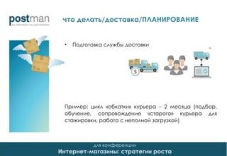 для конференции
Интернет-магазины: стратегии роста
• Подготовка службы доставки
Пример: цикл «обкатки» курьера – 2 месяца (подбор,
обучение, сопровождение «старого» курьера для
стажировки, работа с неполной загрузкой)
что делать/доставка/ПЛАНИРОВАНИЕ
 