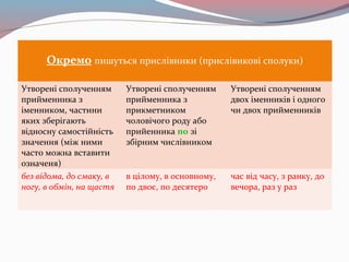 Окремо пишуться прислівники (прислівикові сполуки)
Утворені сполученням
прийменника з
іменником, частини
яких зберігають
відносну самостійність
значення (між ними
часто можна вставити
означеня)
Утворені сполученням
прийменника з
прикметником
чоловічого роду або
прийенника по зі
збірним числівником
Утворені сполученням
двох іменників і одного
чи двох прийменників
без відома, до смаку, в
ногу, в обмін, на щастя
в цілому, в основному,
по двоє, по десятеро
час від часу, з ранку, до
вечора, раз у раз
 