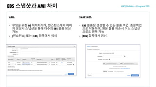 EBS 스냅샷과 AMI 차이
AMI:
- 부팅을 위한 OS 이미지이며, 인스턴스에서 이미
지 생성시 스냅샷을 통해 다수의 EBS 볼륨 생성
가능
- [인스턴스] 또는 [EBS] 항목에서 생성
SNAPSHOT:
- EBS 볼륨당 생성할 수 있는 볼륨 백업. 증분백업
으로 작동하여, 원본 볼륨 파손시 어느 스냅샷
으로도 원복 가능
- [EBS] 항목에서 생성
 