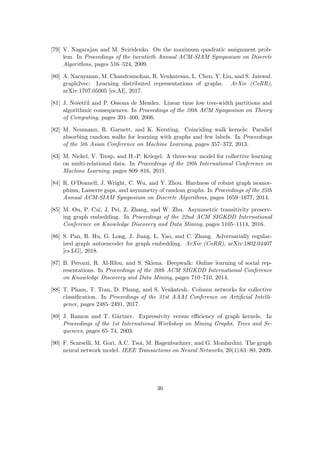[79] V. Nagarajan and M. Sviridenko. On the maximum quadratic assignment prob-
lem. In Proceedings of the twentieth Annual ACM-SIAM Symposium on Discrete
Algorithms, pages 516–524, 2009.
[80] A. Narayanan, M. Chandramohan, R. Venkatesan, L. Chen, Y. Liu, and S. Jaiswal.
graph2vec: Learning distributed representations of graphs. ArXiv (CoRR),
arXiv:1707.05005 [cs.AI], 2017.
[81] J. Nešetřil and P. Ossona de Mendez. Linear time low tree-width partitions and
algorithmic consequences. In Proceedings of the 38th ACM Symposium on Theory
of Computing, pages 391–400, 2006.
[82] M. Neumann, R. Garnett, and K. Kersting. Coinciding walk kernels: Parallel
absorbing random walks for learning with graphs and few labels. In Proceedings
of the 5th Asian Conference on Machine Learning, pages 357–372, 2013.
[83] M. Nickel, V. Tresp, and H.-P. Kriegel. A three-way model for collective learning
on multi-relational data. In Proceedings of the 28th International Conference on
Machine Learning, pages 809–816, 2011.
[84] R. O’Donnell, J. Wright, C. Wu, and Y. Zhou. Hardness of robust graph isomor-
phism, Lasserre gaps, and asymmetry of random graphs. In Proceedings of the 25th
Annual ACM-SIAM Symposium on Discrete Algorithms, pages 1659–1677, 2014.
[85] M. Ou, P. Cui, J. Pei, Z. Zhang, and W. Zhu. Asymmetric transitivity preserv-
ing graph embedding. In Proceedings of the 22nd ACM SIGKDD International
Conference on Knowledge Discovery and Data Mining, pages 1105–1114, 2016.
[86] S. Pan, R. Hu, G. Long, J. Jiang, L. Yao, and C. Zhang. Adversarially regular-
ized graph autoencoder for graph embedding. ArXiv (CoRR), arXiv:1802.04407
[cs.LG], 2018.
[87] B. Perozzi, R. Al-Rfou, and S. Skiena. Deepwalk: Online learning of social rep-
resentations. In Proceedings of the 20th ACM SIGKDD International Conference
on Knowledge Discovery and Data Mining, pages 710–710, 2014.
[88] T. Pham, T. Tran, D. Phung, and S. Venkatesh. Column networks for collective
classification. In Proceedings of the 31st AAAI Conference on Artificial Intelli-
gence, pages 2485–2491, 2017.
[89] J. Ramon and T. Gärtner. Expressivity versus efficiency of graph kernels. In
Proceedings of the 1st International Workshop on Mining Graphs, Trees and Se-
quences, pages 65–74, 2003.
[90] F. Scarselli, M. Gori, A.C. Tsoi, M. Hagenbuchner, and G. Monfardini. The graph
neural network model. IEEE Transactions on Neural Networks, 20(1):61–80, 2009.
36
 