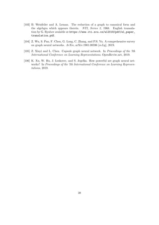 [103] B. Weisfeiler and A. Leman. The reduction of a graph to canonical form and
the algebgra which appears therein. NTI, Series 2, 1968. English transala-
tion by G. Ryabov avalable at https://www.iti.zcu.cz/wl2018/pdf/wl_paper_
translation.pdf.
[104] Z. Wu, S. Pan, F. Chen, G. Long, C. Zhang, and P.S. Yu. A comprehensive survey
on graph neural networks. ArXiv, arXiv:1901.00596 [cs.Lg], 2019.
[105] Z. Xinyi and L. Chen. Capsule graph neural network. In Proceedings of the 7th
International Conference on Learning Representations. OpenReviw.net, 2019.
[106] K. Xu, W. Hu, J. Leskovec, and S. Jegelka. How powerful are graph neural net-
works? In Proceedings of the 7th International Conference on Learning Represen-
tations, 2019.
38
 