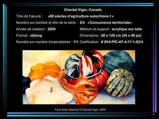 Tous droits réservés © Chantal Viger, 2004
Chantal Viger, Canada
Titre de l’œuvre : «80 siècles d’agriculture autochtone I »
Numéro sur nombre et titre de la série : 2/4 «Concurrence territoriale»
Année de création : 2004 Médium et support : acrylique sur toile
Format : oblong Dimensions : 60 x 120 cm (24 x 48 po)
Numéro sur nombre d’exemplaires : 1/1 Codification : # 2K4-PIC-AT-4-17-1-S2/4
 