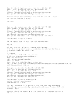 From tmartin at physics.ucsd.edu Mon Dec 15 15:58:51 2003
From: tmartin at physics.ucsd.edu (Terrence Martin)
Date: Mon, 15 Dec 2003 15:58:51 -0800
Subject: [Rocks-Discuss]removing a node from the cluster
Message-ID: <3FDE4ABB.6030302@physics.ucsd.edu>

How does one go about removing a node from the cluster? Is there a
straight forward way to do this?

Terrence



From ebpeele2 at pams.ncsu.edu Mon Dec 15 16:42:47 2003
From: ebpeele2 at pams.ncsu.edu (Elliot Peele)
Date: Mon, 15 Dec 2003 19:42:47 -0500
Subject: [Rocks-Discuss]removing a node from the cluster
In-Reply-To: <3FDE4ABB.6030302@physics.ucsd.edu>
References: <3FDE4ABB.6030302@physics.ucsd.edu>
Message-ID: <1071535367.1871.1.camel@localhost.localdomain>

insert-ethers --replace hostname

Select compute from the menu then exit insert-ethers.

Elliot

On Mon, 2003-12-15 at 18:58, Terrence Martin wrote:
> How does one go about removing a node from the cluster? Is there a
> straight forward way to do this?
>
> Terrence
-------------- next part --------------
A non-text attachment was scrubbed...
Name: not available
Type: application/pgp-signature
Size: 189 bytes
Desc: This is a digitally signed message part
Url : https://lists.sdsc.edu/pipermail/npaci-rocks-discussion/attachments/20031215/
ebf9581b/attachment-0001.bin

From phil at sdsc.edu Mon Dec 15 16:44:29 2003
From: phil at sdsc.edu (Philip Papadopoulos)
Date: Mon, 15 Dec 2003 16:44:29 -0800
Subject: [Rocks-Discuss]removing a node from the cluster
In-Reply-To: <3FDE4ABB.6030302@physics.ucsd.edu>
References: <3FDE4ABB.6030302@physics.ucsd.edu>
Message-ID: <3FDE556D.4040100@sdsc.edu>

insert-ethers --replace "compute-0-0"
select "compute" from the menu
and then hit f1 to exit.

This will re-create all of the files that have host names and remove
the node (you are essentially replacing the node named "compute-0-0" with
the empty set).

PBS will likely   be unhappy with this change -- If I remember correctly,
it has an
 