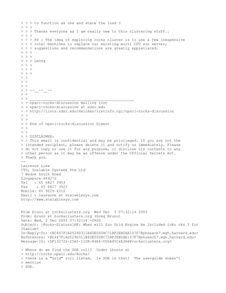 > > > to function as one and share the load ?
> > >
> > > Thanks everyone as I am really new to this clustering stuff..
> > >
> > > PS : The idea of exploring rocks cluster is to use a few inexpensive
> > > intel machines to replace our existing multi CPU sun server,
> > > suggestions and recommendations are greatly appreciated.
> > >
> > >
> > > Leong
> > >
> > >
> > >
> >
> >
> >
> > --__--__--
> >
> > _______________________________________________
> > npaci-rocks-discussion mailing list
> > npaci-rocks-discussion at sdsc.edu
> > http://lists.sdsc.edu/mailman/listinfo.cgi/npaci-rocks-discussion
> >
> >
> > End of npaci-rocks-discussion Digest
> >
> >
> > DISCLAIMER:
> > This email is confidential and may be privileged. If you are not the
> intended recipient, please delete it and notify us immediately. Please
> do not copy or use it for any purpose, or disclose its contents to any
> other person as it may be an offence under the Official Secrets Act.
> Thank you.
--
Laurence Liew
CTO, Scalable Systems Pte Ltd
7 Bedok South Road
Singapore 469272
Tel   : 65 6827 3953
Fax    : 65 6827 3922
Mobile: 65 9029 4312
Email : laurence at scalablesys.com
http://www.scalablesys.com


From bruno at rocksclusters.org Wed Dec 3 07:32:14 2003
From: bruno at rocksclusters.org (Greg Bruno)
Date: Wed, 3 Dec 2003 07:32:14 -0800
Subject: [Rocks-Discuss]RE: When will Sun Grid Engine be included inRo cks 3 for
Itanium?
In-Reply-To: <BC447F1AD529D311B4DE0008C71BF2EB0AE157F7@phsexch7.mgh.harvard.edu>
References: <BC447F1AD529D311B4DE0008C71BF2EB0AE157F7@phsexch7.mgh.harvard.edu>
Message-ID: <DF132702-25A5-11D8-86E6-000A95C4E3B4@rocksclusters.org>

>   Where do we find the SGE roll?   Under Lhoste at
>   http://rocks.npaci.edu/Rocks/
>   there is a "Grid" roll listed.   Is SGE in that?   The userguide doesn't
>   mention
>   SGE.
 