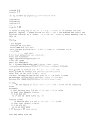 compute-0-1
compute-0-0

and my cluster is physically reversed from that:

compute-0-0
compute-0-1
compute-0-2
...
compute-0-12

Is there an easy way to switch this display around so it matches the real
physical layout? I poked around and ganglia for a few minutes and didn't see
anything obvious, so I thought I'd ask before I actually start wasting time on
this :)

Thanks,

- Dan Wright
(dtwright at uiuc.edu)
(http://www.scs.uiuc.edu/)
(UNIX Systems Administrator, School of Chemical Sciences, UIUC)
(333-1728)
-------------- next part --------------
A non-text attachment was scrubbed...
Name: not available
Type: application/pgp-signature
Size: 189 bytes
Desc: not available
Url : https://lists.sdsc.edu/pipermail/npaci-rocks-
discussion/attachments/20031216/28f3eb5a/attachment-0001.bin

From purikk at hotmail.com Tue Dec 16 12:34:51 2003
From: purikk at hotmail.com (Purushotham Komaravolu)
Date: Tue, 16 Dec 2003 15:34:51 -0500
Subject: [Rocks-Discuss]hardware-setup for the Rocks cluster
References: <200312162016.hBGKGuJ05160@postal.sdsc.edu>
Message-ID: <BAY1-DAV575EPSM0omP0000cb94@hotmail.com>

Hi All,
       We are trying to setup rocks cluster with 1 front and 20 computing
nodes.
Frontend:
 1) Dual Pentium Xeon 2.4 GHz PC 533 and 512lk L2 Cache
  2) Dual port Gigabit Ethernet
  3) 1 GB DDR RAM
   4) 3* 200 GB EIDE ULTRA ATA 100

Compute nodes:
     1) Pentium Xeon 2.4 GHz PC 533 and 512k L2 Cache
  2) Dual port Gigabit Ethernet
  3) 1 GB DDR RAM
   4) 41 GB UDMA EIDE
1 HP Procurve 24 port switch


Does the setup look ok?
 
