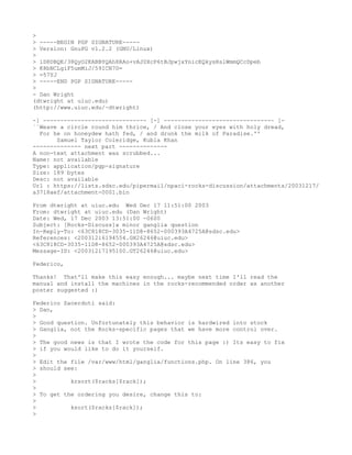 >
> -----BEGIN PGP SIGNATURE-----
> Version: GnuPG v1.2.2 (GNU/Linux)
>
> iD8DBQE/38QyO2KABBYQAh8RAo+vAJ0XcP6tBJpwjxYnicEQkysRslWmmQCcDpeb
> K8bNCLgiF5umMiJ/59ICN70=
> =57YJ
> -----END PGP SIGNATURE-----
>
- Dan Wright
(dtwright at uiuc.edu)
(http://www.uiuc.edu/~dtwright)

-] ------------------------------ [-] -------------------------------- [-
``Weave a circle round him thrice, / And close your eyes with holy dread,
  For he on honeydew hath fed, / and drunk the milk of Paradise.''
       Samuel Taylor Coleridge, Kubla Khan
-------------- next part --------------
A non-text attachment was scrubbed...
Name: not available
Type: application/pgp-signature
Size: 189 bytes
Desc: not available
Url : https://lists.sdsc.edu/pipermail/npaci-rocks-discussion/attachments/20031217/
a3718aef/attachment-0001.bin

From dtwright at uiuc.edu Wed Dec 17 11:51:00 2003
From: dtwright at uiuc.edu (Dan Wright)
Date: Wed, 17 Dec 2003 13:51:00 -0600
Subject: [Rocks-Discuss]a minor ganglia question
In-Reply-To: <63C818CD-3035-11D8-8652-000393A4725A@sdsc.edu>
References: <20031216194554.GH26246@uiuc.edu>
<63C818CD-3035-11D8-8652-000393A4725A@sdsc.edu>
Message-ID: <20031217195100.GT26246@uiuc.edu>

Federico,

Thanks! That'll make this easy enough... maybe next time I'll read the
manual and install the machines in the rocks-recommended order as another
poster suggested :)

Federico Sacerdoti said:
> Dan,
>
> Good question. Unfortunately this behavior is hardwired into stock
> Ganglia, not the Rocks-specific pages that we have more control over.
>
> The good news is that I wrote the code for this page :) Its easy to fix
> if you would like to do it yourself.
>
> Edit the file /var/www/html/ganglia/functions.php. On line 386, you
> should see:
>
>          krsort($racks[$rack]);
>
> To get the ordering you desire, change this to:
>
>          ksort($racks[$rack]);
>
 