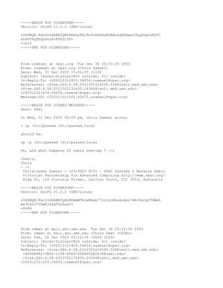 -----BEGIN PGP SIGNATURE-----
Version: GnuPG v1.2.2 (GNU/Linux)

iD8DBQE/8km3O2KABBYQAh8RAnpPAJ9a9oRdGXeBUBAokdX6wmwrVbgXkQCeKD0C
xh8eT6qTbZpxhu8+FHPSt90=
=lhiY
-----END PGP SIGNATURE-----



From csamuel at vpac.org Tue Dec 30 20:01:39 2003
From: csamuel at vpac.org (Chris Samuel)
Date: Wed, 31 Dec 2003 15:01:39 +1100
Subject: [Rocks-Discuss]NIS outside, 411 inside?
In-Reply-To: <200312311459.54054.csamuel@vpac.org>
References: <Pine.GSO.4.58.0312301614500.554@lenti.med.umn.edu>
<Pine.GSO.4.58.0312302131450.24366@lenti.med.umn.edu>
<200312311459.54054.csamuel@vpac.org>
Message-ID: <200312311501.43675.csamuel@vpac.org>

-----BEGIN PGP SIGNED MESSAGE-----
Hash: SHA1

On Wed, 31 Dec 2003 02:59 pm, Chris Samuel wrote:

> cp /etc/passwd /etc/passwd.local

should be:

cp -p /etc/passwd /etc/passwd.local

Oh, and what happens if users overlap ? :-)

cheers,
Chris
- --
 Christopher Samuel - (03)9925 4751 - VPAC Systems & Network Admin
 Victorian Partnership for Advanced Computing http://www.vpac.org/
 Bldg 91, 110 Victoria Street, Carlton South, VIC 3053, Australia

-----BEGIN PGP SIGNATURE-----
Version: GnuPG v1.2.2 (GNU/Linux)

iD8DBQE/8kojO2KABBYQAh8RAmWTAJwNhpm77IclXcWLoAuhp2/B4/GsCgCfZWek
me3Lk2I7VDmRj4ygTSLSaaY=
=Pv8G
-----END PGP SIGNATURE-----



From cdwan at mail.ahc.umn.edu Tue Dec 30 20:12:34 2003
From: cdwan at mail.ahc.umn.edu (Chris Dwan (CCGB))
Date: Tue, 30 Dec 2003 22:12:34 -0600 (CST)
Subject: [Rocks-Discuss]NIS outside, 411 inside?
In-Reply-To: <200312311459.54054.csamuel@vpac.org>
References: <Pine.GSO.4.58.0312301614500.554@lenti.med.umn.edu>
 <E05DB9B2-3B20-11D8-98D0-000A95DA5638@sdsc.edu>
 <Pine.GSO.4.58.0312302131450.24366@lenti.med.umn.edu>
<200312311459.54054.csamuel@vpac.org>
 