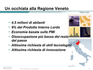 Un occhiata alla Regione Veneto  4.5 milioni di abitanti 9% del Prodotto Interno Lordo Economia basata sulle PMI Disoccupazione più bassa del resto del paese Altissima richiesta di skill tecnologici Altissima richiesta di innovazione 