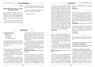 DeArGe Mitteilungen 8(1), 2003                                                                                                                                                                  DeArGe Mitteilungen 8(1), 2003
                                  Presse & Medien                                                                                                       Leserbriefe
                                  27.08.2002          vor, sondern nur eine große Spinne, die in            ein Umsetzen in die in dem Artikel beschriebenen            (www.dearge.de) diesbezüglich immer die aktuellsten
                                                      der Nähe der Alarmsensoren herumkrabbel-              Spezialbecken angeraten. Nachdem es sich bei                Hinweise.
Belgien: Spinne löste Alarm aus – Polizi-             te.                                                   Ihrem Tier jedoch um ein geschlechtsreifes Männ-            Michaela Biese
          sten töteten sie dafür                          Für den falschen Alarm wurde der acht-            chen handelt, erklärt dies auch warum es den
                                                      beinige Täter mit dem Tode bestraft.                  ganzen zur Verfügung stehenden Raum ausnutzt:
In der belgischen Gemeinde Ternat, in der                                                                   Männchen von Röhren bewohnenden Vogelspinnen                Ich möchte dem ganzen Redaktionsteam
Nähe von Brüssel, rückte die Polzei am                    Quelle: www.msn.de                                geben nach der Reifehäutung ihre sesshafte Lebens-          zum neuen Erscheinungsbild unserer DeAr-
Dienstag aus, weil die Alarmanlage der Post                                                                 weise auf und begeben sich auf die Suche nach               Ge Mitteilungen gratulieren. Die Neugestal-
ausgelöst wurde. Man vermutete Einbre-                                                                      einem paarungswilligem Weibchen der gleichen Art.           tung und Aufmachung dieses Publikations-
cher, die ins Postgebäude eingedrungen                                                                      Bei dieser Wanderschaft legen sie oft weite Strecken        organs, gefällt mir außerordentlich gut. Ihr
waren.                                                                                                      zurück. Sie können das Tier weiterhin so halten wie         großer Arbeitsaufwand hat sich wirklich
   Als die Polizisten das Gebäude durch-                                                                    bisher, da es eh keine Röhre mehr annehmen und              gelohnt und man hat Spaß beim Lesen. Bitte
suchten, fand man jedoch keine Einbrecher                                                                   ausbauen würde. Das einzige was das Männchen                weiter so!
                                                                                                            jetzt noch im Sinn hat, ist ein Weibchen zu finden          Mario Wilfert, 35619 Braunfels, per E-Mail
                                                                                                            um sich zu verpaaren. Vielmehr sollten Sie sich
                                                                                                            nach einem passendem Weibchen umsehen, damit                Die Redaktion bedankt sich für die zahlreichen
                                                                                                            das Männchen seiner Bestimmung nachkommen                   positiven Rückmeldungen zum letzten Heft – das
                                                                                                            kann, bevor es in ein paar Monaten ablebt.                  motiviert zum weitermachen. Aus Platzgründen
                                       Leserbriefe                                                          Michaela Biese                                              können wir nicht alle abdrucken. Stellvertretend
                                                                                                                                                                        daher nur diese.
Leserbriefannahme:                                    ner Meinung nach Wohl zu fühlen. Die                                                                              Die Redaktion
  Michaela Biese                                      Spinne nutzt eigentlich die gesamte zur Ver-          Die neue Aufmachung der Mitteilungen der
  Düsterbeck 51                                       fügung stehende Fläche voll aus. Durch                DeArGe finde ich im Übrigen äußerst ge-
  45731 Waltrop                                       Ihren Artikel bin ich nun verunsichert.               lungen. Die Entscheidung, die Mitteilungen                  A. Anmerkungen zu dem Beitrag »Welche
  ! leserbriefe@dearge.de                             Langfristig scheint diese Behausung nicht             nur noch jeden 2. Monat erscheinen zu las-                  Spinne ist das?« in DeArGe Mitt. 7 (11): 8 -
                                                      optimal zu sein.                                      sen, um mehr Zeit zur Bearbeitung zu ha-                    13
Die Leserbriefe spiegeln nicht die Meinung                Aber wenn ich sie nun in so ein speziel-          ben, trifft ebenfalls meine Meinung. Also:
der Redaktion oder der DeArGe e. V. wider.            les Terrarium einquartiere, dann könnte das           Ein großes Lob!!!                                           1. Artikel 8.2 der »Internationalen Regeln
Die Redaktion behält sich das Recht auf               doch auch ein Risiko sein, da sich ihre Stan-             Eine Frage noch: Ich würde gern an ei-                  zur zoologischen Nomeklatur«
Kürzungen vor.                                        dortbedingungen stark verändern?                      nem Kurs zur Bestimmung von Vogelspin-                      Nach diesem Artikel gilt obiger Beitrag im
                                                          Es wäre super, wenn die betroffenen Vo-           nen teilnehmen. Beabsichtigen Sie, in näch-                 Sinne der Regeln als nicht publiziert.
                                                      gelspinnenhalter ihre Erfahrungen darüber             ster Zeit wieder einen solchen zu veranstal-
Das neue Format von Mitteilungen Heft 11              austauschen könnten!                                  ten?                                                        2. Haplopelma aueropilosum nomen nudum
ist wirklich gut gelungen! Kompliment!                Patrick Schwarzwälder, 77866 Rheingau,                Thomas Lübcke, 30880 Laatzen, per E-                        Den Speziesnamen »aureopilosum« (bzw.
    Zu dem Artikel »Einige Praxis-Tipps zur           per E-Mail                                            Mail                                                        »aureopilosus«, weil ursprünglich für eine
Haltung von Haploplema Arten und ande-                                                                                                                                  Ornithoctonus-Art angesehen) habe ich am
ren Röhren bewohnenden Vogelspinnen«                  Vielen Dank für Ihre positive Nachricht in Bezug      Auch an Sie ein herzliches Dankeschön über ihre             26.2.1991 in einem Brief an von Wirth für
habe ich eine Frage:                                  auf die neue Ausgabe der DeArGe Mitteilung.           positive Reaktion auf die neuen »Mitteilungen«!             eine damals als »schwarze Thai« bezeichnete
    Seit etwa 6 Monaten bin ich Besitzer ei-          Zu Ihrer Frage: Würde es sich bei Ihrem Tier um       Was Ihre Frage bezüglich des Bestimmungskurses              und bisher unbeschriebene Art vorgeschla-
ner Selenocosmia javanensis (männlich, adult).        ein Jungtier oder ein Weibchen handeln, könnte das    angeht, möchte ich Sie auf die Rubrik »Vereins-             gen. Am 11.3.1991 übersandte mir von
Sie lebt in einem relativ großem Terrarium            beschriebene unruhige Verhalten ein Zeichen dafür     nachrichten« der »Mitteilungen« aufmerksam                  Wirth ein Dia der »schwarzen Thai« (=
mit ca. 5 cm Kokosauflage (immer naß) und             sein, dass an den Haltungsbedingungen etwas nicht     machen, wo derlei Informationen bekannt gegeben             Ornithoctonus aureopilosus nomen nudum) und
einer großen Tonröhre. Sie scheint sich mei-          stimmt und sich das Tier nicht wohlfühlt. Hier wäre   werden. Ebenso befinden sich auf unserer Webseite           bemerkte, ich könne es in der 4. Auflage
                                                 28                                                                                                                29
 