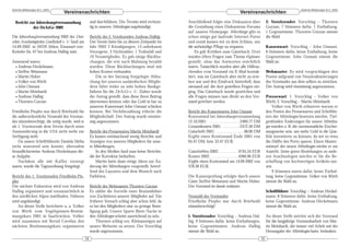 DeArGe Mitteilungen 8(1), 2003                                                                                                                                                              DeArGe Mitteilungen 8(1), 2003
                                   Vereinsnachrichten                                                                                          Vereinsnachrichten

  Bericht zur Jahreshauptversammlung                     und durchführen. Der Termin wird rechtzei-      Anschließend folgte eine Diskussion über                     2. Vorsitzender: Vorschlag – Thorsten
            der DeArGe 2002                              tig in unseren Mitteilungen angekündigt.        die Gestaltung eines Diskussions-Forums                      Gurzan, 7 Stimmen dafür, 1 Enthaltung,
                                                                                                         auf unserer Homepage. Allerdings gibt es                     1 Gegenstimme. Thorsten Gurzan nimmt
Die Jahreshauptversammlung 2002 der Deut-                Bericht des 2. Vorsitzenden Andreas Halbig      schon einige gut laufende Internet-Foren                     die Wahl
schen Arachnologischen Gesellschaft e. V. fand am        Der Verein hatte bis zu diesem Zeitpunkt im     und somit kamen wir zu dem Schluss, uns
14.09.2002 in 59229 Ahlen, Emanuel-von-                  Jahr 2002 3 Kündigungen, 13 unbekannt           die aufwändige Pflege zu ersparen.                           Kassenwart: Vorschlag – John Osmani,
Ketteler-Str. 67 bei Andreas Halbig statt.               Verzogene, 3 Nichtzahler, 1 Todesfall und           Es gab Kritiken zum Gästebuch. Dort                      9 Stimmen dafür, keine Enthaltung, keine
                                                         19 Neumitglieder. Es gab einige Rückbu-         wurden öfters Fragen zum Thema »Spinne«                      Gegenstimme. John Osmani nimmt die
Anwesend waren:                                          chungen, die erst nach Mahnung bezahlt          gestellt, ohne das Antworten ersichtlich                     Wahl an.
 • Andreas Höckelmann                                    wurden. Diese Rückbuchungen sind mit            waren. Tatsächlich wurden aber alle Hilfesu-
 • Steffen Weismann                                      hohen Kosten verbunden.                         chenden vom Vorstand via E-Mail kontak-                      Webmaster: Es wird vorgeschlagen den
 • Martin Huber                                             Die in der Satzung festgelegte Abbu-         tiert, was im Gästebuch aber nicht zu erse-                  Posten aufgrund von Neustrukturierungen
 • Volker von Wirth                                      chung bei unseren ausländischen Mitglie-        hen war und den Eindruck hinterließ, dass                    des Vorstandes aus dem selben zu streichen.
 • John Osmani                                           dern führt leider zu sehr hohen Bankge-         niemand auf die dort gestellten Fragen ein-                  Der Antrag wird einstimmig angenommen.
 • Martin Meinhardt                                      bühren für die DeArGe e. V.. Daher wurde        ging. Das Gästebuch wurde gestrichen und
 • Andreas Halbig                                        der Antrag gestellt, dass diese ihren Beitrag   alle Fragen müssen nun direkt an den Vor-                    Pressewart: 1. Vorschlag – Volker von
 • Thorsten Gurzan                                       überweisen können oder das Geld in bar zu       stand gerichtet werden.                                      Wirth; 2. Vorschlag – Martin Meinhardt.
                                                         unserem Kassenwart John Osmani schicken                                                                           Volker von Wirth erläuterte warum er
Friedhelm Piepho war durch Briefwahl für                 können. Bei Nichtbezahlung erlischt die         Bericht des Kassenwartes John Osmani                         den Posten des Pressewartes und Schriftlei-
die außerordentliche Neuwahl des Vorstan-                Mitgliedschaft. Der Antrag wurde einstim-       Kontostand bei Jahreshauptversammlung                        ters der Mitteilungen besetzen möchte. Tief-
des stimmberechtigt, die nötig wurde, weil er            mig angenommen.                                 12.10.2001: . . . . . . . . . . . . . . . .2489,77 DM        greifenden Änderungen für unsere Mitteilun-
als 1. Vorsitzende dem Verein durch seine                                                                Gesamtkosten 2001: . . . . . . . . .2472,30 DM               gen würden z. B. die zweimonatliche Erschei-
Auswanderung in die USA nicht mehr zur                   Bericht des Pressewartes Martin Meinhardt       Gutschrift 2001: . . . . . . . . . . . . . .48,00 DM         nungsweise sein, um mehr Geld in die Qua-
Verfügung steht.                                         Es kamen enttäuschend wenig Berichte und        Ergibt einen Kontostand Ende 2001 von                        lität investieren zu können, da wir so etwa
    Da unsere Schriftführerin Daniela Stirbu             Anzeigen von unseren Mitgliedern für unse-      65,47 DM, bzw. 33,47 EUR.                                    die Hälfte des Porto sparen. Einen Muster-
nicht anwesend sein konnte, übernahm                     re Mitteilungen.                                                                                             entwurf der neuen Mitteilungen reichte er zur
freundlicherweise Andreas Höckelmann die-                    In den Medien fand man keine Berichte,      Gutschriften 2002: . . . . . . . . . .4745,34 EUR            Ansicht. Seine guten Beziehungen zu ande-
se Aufgabe.                                              die der Korrektur bedurften.                    Kosten 2002: . . . . . . . . . . . . . .4366,96 EUR          ren Arachnologen möchte er für die Be-
    Nachdem alle mit Kaffee versorgt                         Martin hatte dann einige Ideen zur Än-      Ergibt einen Kontostand am 14.09.2002 von                    schaffung von hochwertigen Artikeln nut-
waren, wurde die Tagesordnung festgelegt.                derung der Mitteilungen vorgestellt, betref-    378,38 EUR.                                                  zen.
                                                         fend des Layoutes und dem Wunsch nach                                                                             9 Stimmen waren dafür, keine Enthal-
Bericht des 1. Vorsitzenden Friedhelm Pie-               Farbfotos.                                      Die Kassenprüfung erfolgte durch unsere                      tung, keine Gegenstimme. Volker von Wirth
pho                                                                                                      Gäste Steffen Weismann und Martin Huber.                     nimmt die Wahl an.
Die nächste Exkursion wird von Andreas                   Bericht des Webmasters Thorsten Gurzan          Der Vorstand ist damit entlastet.
Halbig organisiert und voraussichtlich in                Er zählte die Vorteile einer Bestandsliste                                                                   Schriftführer: Vorschlag – Andreas Höckel-
den nördlichen Alpen stattfinden. Näheres                von Zuchttieren unserer Mitglieder auf. Ein     Neuwahl des Vorstandes                                       mann, 8 Stimmen dafür, keine Enthaltung,
wird angekündigt.                                        früherer Versuch schlug aber schon fehl, da     Friedhelm Piepho war durch Briefwahl                         keine Gegenstimme. Andreas Höckelmann
   An dieser Stelle berichtete u. a. Volker              es bei den Mitgliedern eine zu geringe Betei-   stimmberechtigt!                                             nimmt die Wahl an.
von Wirth vom Vogelspinnen-Bestim-                       ligung gab. Unsere Sparte Biete/Suche in
mungskurs 2001 in Saarbrücken. Volker                    den Mitteilungen scheint ausreichend zu sein.   1. Vorsitzender: Vorschlag – Andreas Hal-                    An dieser Stelle möchte sich der Vorstand
wird zusammen mit Bernd Cavelius den                         Thorsten schlug vor, Kleinanzeigen auf      big, 9 Stimmen dafür, keine Enthaltungen,                    für die langjährige Vorstandsarbeit von Mar-
nächsten Bestimmungskurs organisieren                    unsere Webseite zu setzen. Der Vorschlag        keine Gegenstimmen. Andreas Halbig                           tin Meinhardt, der immer viel Arbeit mit der
                                                         wurde angenommen.                               nimmt die Wahl an.                                           Herausgabe der Mitteilungen hatte, bedanken.
                                                    34                                                                                                           35
 