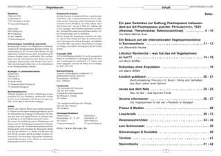 DeArGe Mitteilungen 8(1), 2003                                                                                                                                                                        DeArGe Mitteilungen 8(1), 2003
                                               Impressum                                                                                                                Inhalt
Redaktion                                                      Hinweise für Autoren                                                                                                                                     Seite:
Volker von Wirth                                               Beiträge können in handschriftlicher, maschinenge-
Goethestraße 21                                                schriebener oder computerbearbeiteter Form einge-
71737 Kirchberg a. d. Murr                                     reicht werden. Bevorzugt werden Manuskripte in elek-
! von-wirth@dearge.de                                          tronischer Form (WinWord, StarOffice Writer, Rich-          Ein paar Gedanken zur Gattung Psalmopoeus insbeson-
                                                               Text Format oder *.txt) per E-Mail, 3,5" Diskette oder
Martin Huber                                                   CD-R. Gattungs- und Artnamen sind kursiv zu schrei-
                                                                                                                           dere zur Art Psalmopoeus pulcher, PETRUNKEVITCH, 1925
Alter Postweg 52a                                              ben, Überschriften sollen hervorgehoben werden, wei-        (Araneae: Therphosidae: Selenocosmiinae) . . . . . . . . . . . 4 - 10
86159 Augsburg                                                 tere Formatierungen sind zu unterlassen.                    von Hans-Werner Auer
℡ 0821-5896946                                                 Mit der Abgabe des Manuskripts versichern die Auto-
! huber@dearge.de                                              ren, daß sie allein befugt sind, über die urheberrechtli-
                                                               chen Nutzungsrechte an ihren Beiträgen, einschließlich
                                                                                                                           Ein Besuch auf der Internationalen Vogelspinnenbörse
Kleinanzeigen, Kontakte & Leserbriefe                          eventueller Bild- und anderer Reproduktinosvorlagen         in Kornwestheim . . . . . . . . . . . . . . . . . . . . . . . . . . . . . . . . . 11 - 13
Kleinanzeigen können von Mitgliedern in beliebiger             zu verfügen und daß der Beitrag keine Rechte Dritter
Anzahl an die Anzeigenannahme geschickt werden. An-            verletzt.
                                                                                                                           von Alexandra Hauber
nahmeschluss ist der 10. eines jeden Monats. Zu spät
eingehende Anzeigen werden nicht automatisch in der            Copyright 2002                                              Literatur Recherche – was hat das mit Vogelspinnen
nächsten Ausgabe wieder veröffentlicht. Wir veröffent-         Die Vervielfältigung jedweder Art (auch auszugsweise)
lichen auch alle Informationen über Börsen und Aus-            bedarf der schriftlichen Genehmigung durch die Deut-
                                                                                                                           zu tun?? . . . . . . . . . . . . . . . . . . . . . . . . . . . . . . . . . . . . . . . . 14 - 18
stellungen. Kleinanzeigen und Termine bitte per E-             sche Arachnologische Gesellschaft e. V.. Sofern nicht       von Boris Striffler
Mail, maschienengeschrieben bzw. in Druckbuchstaben            anders angegeben, stammen die Bilder von der Redakti-
an die Anzeigenannahme schicken!                               on. ISSN 1437-5214
                                                                                                                           Kokonbau ohne Kopulation . . . . . . . . . . . . . . . . . . . . . . . . . . . . 19
Anzeigen- & Leserbriefannahme                                  Bankverbindung                                              von Mario Wilfert
Michaela Biese                                                 Deutsche Arachnologische Gesellschaft e. V.
Düsterbeck 51                                                  Raiffeisenbank Frechen+Hürth eG
                                                               Kontonummer: 701493010
                                                                                                                           kürzlich publiziert . . . . . . . . . . . . . . . . . . . . . . . . . . . . . . . . . 20 - 21
45731 Waltrop
℡ 02309-786783                                                 BLZ : 37062365                                                         Buchvorstellung: F RIEDRICH G. BARTH : Sinne und Verhalten:
! anzeigenannahme@dearge.de                                                                                                           aus dem Leben einer Spinne
! leserbriefe@dearge.de                                        Fachbeiräte
                                                               * für Systematik und Taxonomie
                                                               Dipl. Biol. Boris Striffler
                                                                                                                           neues aus dem Netz . . . . . . . . . . . . . . . . . . . . . . . . . . . . . . 24 - 25
Nachbestellservice
Fehlende Ausgaben der DeArGe-Mitteilungen können               Zoologisches Forschungsinstitut                                        Neu im Net – Das Spinnen Portal
schriftlich bei der Redaktion nachbestellt werden              und Museum A. Koenig
(sofern noch vorhanden). Die Kosten betragen pro               53113 Bonn                                                  Vereine informieren . . . . . . . . . . . . . . . . . . . . . . . . . . . . . . . 26 - 27
Heft 5 EUR (Bitte in Briefmarken beilegen).                                                                                           Die Vogelspinnen IG bei der »Tierwelt« in Stuttgart
                                                               * für Vogelspinnenökologie und -ethologie
Artikel                                                        Dipl. Biol. Dirk Weinmann
Berichte über Haltung, Reisen oder sonstige interessan-        70734 Fellbach                                              Presse & Medien . . . . . . . . . . . . . . . . . . . . . . . . . . . . . . . . . . . . . 28
te Themen werden gerne entgegengenommen und in
der Reihenfolge des Eingangs veröffentlicht. Sie kön-          Homepage-Redaktion                                          Leserbriefe . . . . . . . . . . . . . . . . . . . . . . . . . . . . . . . . . . . . . . 28 - 33
nen auch über ein Eingabeformular im Internet unter            Thorsten Gurzan                   Mandy Raasch
www.dearge.de an die Redaktion geschickt werden.               Sternenburgstr. 45 / Z. 129       Schmollerstr. 10
Wir setzten die Einhaltung unseres Ethikkodexes und            53115 Bonn                        74074 Heilbronn           Vereinsnachrichten . . . . . . . . . . . . . . . . . . . . . . . . . . . . . . . 34 - 39
ebenso auch die Einhaltung der gesetzlichen Bestim-            ! gurzan@dearge.de                ! raasch@dearge.de
mungen voraus. Mit Verfassernamen gekennzeichnete                                                                          zum Schmunzeln . . . . . . . . . . . . . . . . . . . . . . . . . . . . . . . . . . . . . 39
Beiträge geben nicht unbedingt die Meinung der Redak-          http://www.dearge.de
tion und der DeArGe e. V. wieder. Für Berichte und                                                                         Kleinanzeigen & Kontakte . . . . . . . . . . . . . . . . . . . . . . . . . . . . . 40
auch für die Anzeigen sind die jeweiligen Verfasser ver-
antwortlich. Für unverlangt eingesandtes Redaktions-
material (Manuskripte, Fotos, Bücher etc.) kann keine                                                                      Termine . . . . . . . . . . . . . . . . . . . . . . . . . . . . . . . . . . . . . . . . . . . . . 41
Haftung übernommen werden.
                                                                                                                           Stammtische . . . . . . . . . . . . . . . . . . . . . . . . . . . . . . . . . . . . 41 - 42

                                                           2                                                                                                                3
 