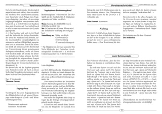 DeArGe Mitteilungen 8(1), 2003                                                                                                                                                          DeArGe Mitteilungen 8(1), 2003
                                  Vereinsnachrichten                                                                                       Vereinsnachrichten
DeArGe die Bundesländer diesbezüglich                   Vogelspinnen-Bestimmungskurs*                     Beitrag bis zum 30.01.03 überweisen oder in            gens auch noch falsch ist, da der Artname
angeschrieben und erklärt, dass wir mithel-                                                               Bar einzahlen müssen. Eine Überweisung                 nicht im nominativ Plural stehen darf. ...«
fen möchten, diese Unsicherheit auszuräu-           Bestimmungskurs + theoretischer Teil »Art-            muss ohne Kosten für die DeArGe. e. V.
men. Dazu hatte ich als Anlage einen Frage-         begriffe und ihre Nutzbarkeit für die Vogelspinnen-   verbunden sein.                                        Desweiteren ist in der selben Ausgabe, wie
bogen beigefügt. Nachdem ich nun einige             systematik« mit Volker von Wirth.                                                                            Dr. GÜNTHER SCHMIDT in seinem Leserbrief
Fragebögen ausgefüllt zurück erhalten habe,                                                               John Osmani, Kassenwart                                angemerkt hat, in dem Artikel »Einige Pra-
bekam ich u. a. ein Schreiben vom Saarland,         Wann: Samstag den 05.04.2003 (von ca.                                                                        xis-Tipps zur Haltung von Haplopelma Ar-
dass mein Schreiben als Durchschrift auch           10:00 Uhr bis 16:00 Uhr)                                                                                     ten und anderen Röhren bewohnenden
an alle Artenschutzreferenten der Länder            Wo: In Saarbrücken (Genaue Adresse wird                                 Nachtrag                             Vogelspinnen.« Neochilobrachys durch Phlogiel-
gegangen ist:                                       den Teilnehmern rechtzeitig bekannt gege-                                                                    lus zu ersetzen.
»[...] Das Saarland und auch in der Regel           ben)                                                  SIEGFRIED HUBER hat uns darauf hingewie-
auch die Mehrzahl der übrigen Bundeslän-            Anmeldung an: Volker von Wirth                        sen, dass es in dem Artikel »Welche Spinne             Wir bedanken uns für diese Hinweise!
der sowie der Bund sind stets bemüht, sol-                            Goethestrasse 21                    ist das?« in der Ausgabe 7(11) der Mitteilun-          Die Redaktion
che ‘innerstaatlichen’ Unregelmäßigkeiten zu                          71737 Kirchberg                     gen auf der Seite 11 unten richtigerweise
minimieren und nach Möglichkeit auszuräu-                             ! von-wirth@dearge.de               heißen muss: »...Eine Bezeichnung die übri-
men bzw. zu vermeiden. Durch Ihr Schrei-
ben werde ich erstmals auf Ihre Bereitschaft        * Für Mitglieder ist der Kurs kostenfrei! Für
zur Unterstützung dieses gemeinsamen                Nicht-Mitglieder der Deutschen Arach-
Anliegens aufmerksam, wofür ich Ihnen               nologischen Gesellschaft e. V. wird eine
recht herzlich danke. Ich möchte Ihr Schrei-        Unkostenpauschale von 25 EUR erhoben.
ben deshalb zum Anlass nehmen, den Voll-                                                                                                     zum Schmunzeln
zug (bezüglich der aufgeworfenen Fragen)
im Rahmen der nächsten Bund-Länder-                               Mitgliedsbeiträge                       Ein Professor erforscht im Labor das Ver-              sor trägt verwundert in sein Notizbuch ein :
Besprechung der Artenschutzfachleute zu                                                                   halten von Spinnen in verschiedenen Situa-             »Spinne hüpft auf zwei Beinen«. Nun reißt der
diskutieren [...]«                                  Liebe Mitglieder,                                     tionen.                                                Professor der Spinne die letzten beiden Bei-
Wir können also auf das Ergebnis gespannt                                                                      Er stellt eine Spinne vor sich auf den            ne aus, setzt sie ein letztes Mal vor sich auf
sein. Natürlich werde ich Euch an dieser            am 30.01.2003 werden die Mitgliedsbeiträge            Tisch und sagt »Spinne lauf!!«. Die Spinne             den Tisch und sagt: »Spinne lauf!!« Keinerlei
Stelle über Neuigkeiten informieren und in          abgebucht. Ich bitte nochmals dringend dar-           läuft und der Professor trägt in sein Notiz-           Reaktion....... Also sagt er etwas lauter: »Spin-
dieser Sache auf dem Laufenden halten.              um mir bis zum 15.01.2003 mitzuteilen falls           buch ein: »Spinne läuft mit 8 Beinen«. Ansch-          ne LAUF!!«. Wieder nix, die Spinne rührt
                                                    sich etwas an Euren Bankverbindungen ge-              ließend zupft er der Spinne zwei Beine aus,            sich nicht. Nochmals versucht er es und
Euer 2. Vorsitzender                                ändert hat.                                           stellt sie wieder vor sich auf den Tisch und           schreit »SPINNE !!! L A U F!!!«....... Auch
Thorsten Gurzan                                         Nach einem Beschluss des Vorstandes               sagt »Spinne lauf!!«. Die Spinne läuft und der         nix, die Spinne klebt wie angewurzelt auf
                                                    müssen Rückbuchungskosten von dem Mit-                Professor trägt in sein Notizbuch ein: »Spin-          der Stelle. Stirnrunzelnd betrachtet der Pro-
                                                    glied getragen werden, welches die Rückbu-            ne läuft mit 6 Beinen«. Dann zupft er der Spin-        fessor von allen Seiten die Spinne. Nach
                   Zugangsdaten                     chung verursacht hat. Auch halten wir uns             ne die nächsten beiden Beine aus, stellt sie           einer Weile klärt sich sein Blick auf, er nickt
                                                    eine rechtliche Einforderung des Mitglied-            wiederum vor sich auf den Tisch und sagt :             verständnisvoll mit dem Kopf und schreibt
Nachfolgend die neuen Zugangsdaten für              beitrages vor, falls nicht fristgerecht zum           »Spinne lauf!!« Die Spinne läuft und der Pro-          in sein Notizbuch : »Spinne kann ohne Beine
den Mitgliederbereich auf unserer Home-             Jahresende gekündigt wurde.                           fessor greift abermals zu seinem Notizbuch             nichts hören«.
page www.dearge.de (Groß- und Klein-                    Wir bitten alle Mitglieder dafür Sorge zu         und notiert : »Spinne läuft auch mit 4 Beinen«.
schreibung beachten):                               tragen das die Beiträge ordnungsgemäß ab-             Wieder zupft er der Spinne zwei Beine aus,             (Ähnlichkeiten mit veröffentlichten For-
                                                    gebucht werden können.                                stellt sie nochmals vor sich auf den Tisch             schungsergebnissen sind rein Zufällig!)
    Benutzername: andersoni                             Ich möchte noch einmal darauf hinwei-             und sagt: »Spinne lauf!!«. Die Spinne läuft
    Kennwort: Pocock1895                            sen, das alle Mitglieder im Ausland ihren             nicht mehr, sie hüpft nur noch. Der Profes-
                                               38                                                                                                           39
 